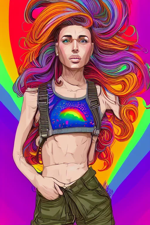 Image similar to a award winning half body portrait of a beautiful woman with stunning eyes in a printed croptop and cargo pants with rainbow colored ombre hairstyle head in motion and hair flying by josan gonzales, outrun, vaporware, shaded flat illustration, digital art, trending on artstation, highly detailed, fine detail, intricate