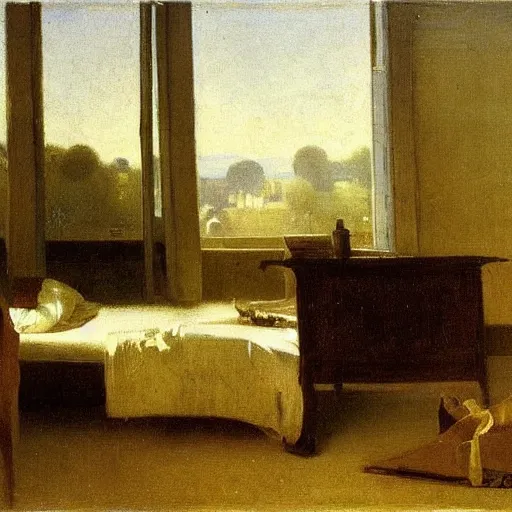 Prompt: the sunlight rays of golden hour shine upon a peaceful bedroom. still life., by camille corot