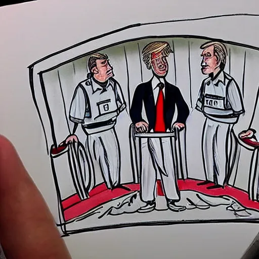 Prompt: a perfect hand drawn picture of donald trump being put into hand cuffs by fbi a gents outside of his florida country club, insanely detailed