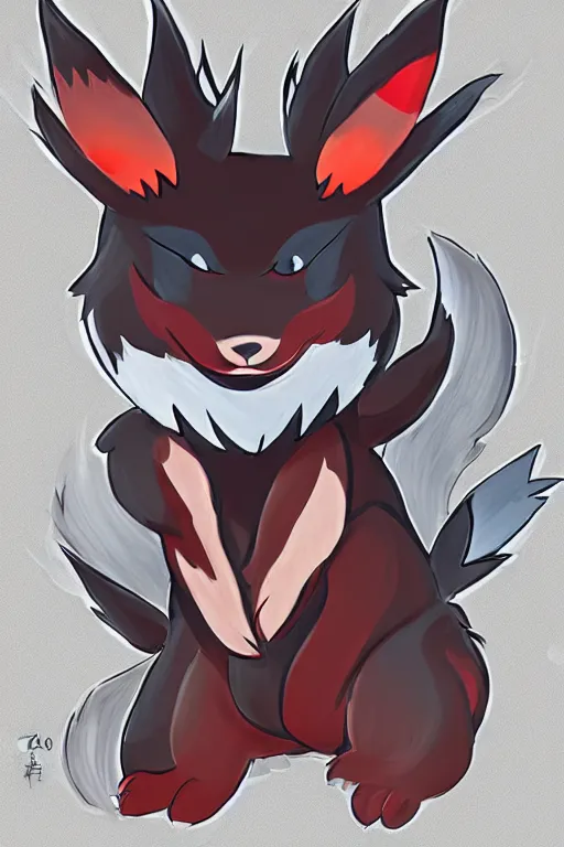 Prompt: zorua pokemon, stylised fox - like appearance, black and auburn colour pallet, illusory trickster, thick furry neck and chest fluff, stylised 🖌 - like hair, pokemon concept art with multiple angles, super detailed, clean lines, digital art