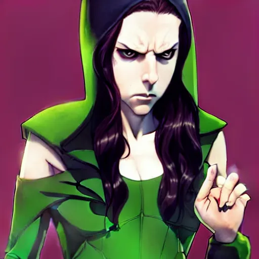 Prompt: Phil Noto comic art, artgerm, eiichiro oda, pixiv, concept art, digital painting, cinematics lighting, beautiful Anna Kendrick supervillain Enchantress, green dress with a black hood, angry, symmetrical face, Symmetrical eyes, full body, flying in the air over city, night time, red mood in background