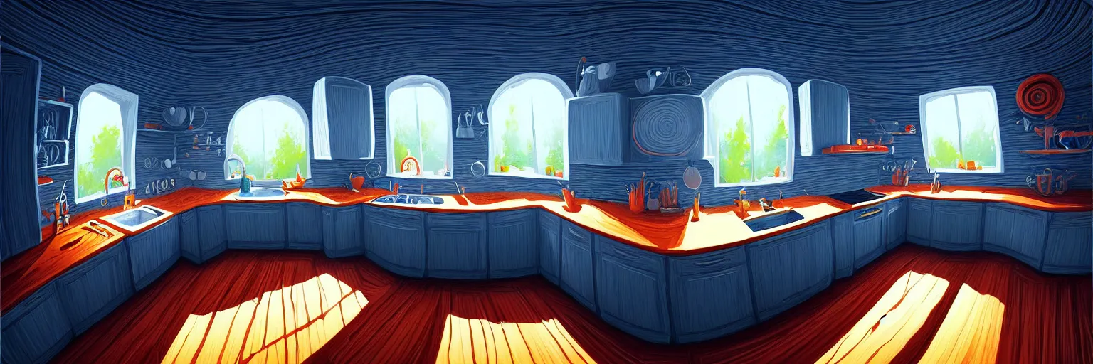 Prompt: fisheye spiral lines, naive, extra narrow, detailed illustration of a kitchen, large floor, dimly lit by rhads from lorax movie, trending artstation, wood texture dark blue tones