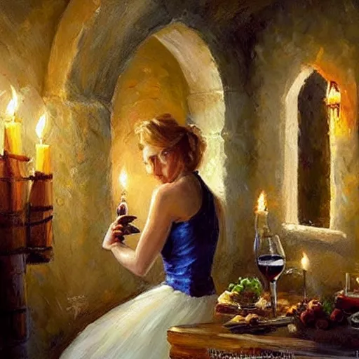 Image similar to wine cellar full of food, torches on the wall, schnapps!, romantic, inviting, cozy, blonde woman, painting Vladimir Volegov