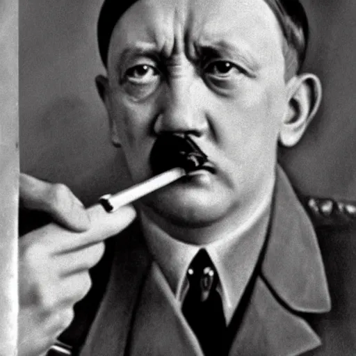 Image similar to a photo of Hitler smoking a fat joint, close up photography, photorealism