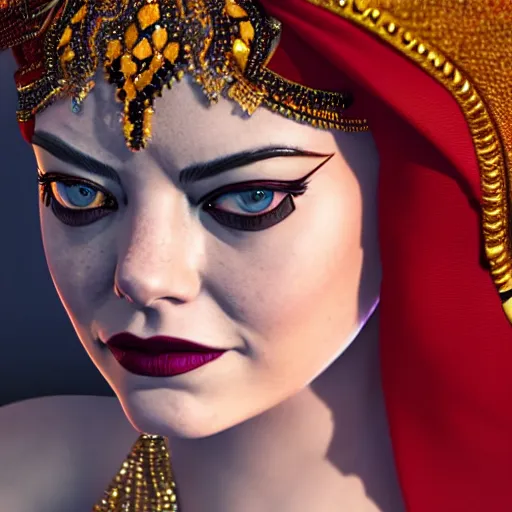 Image similar to a close up portrait of emma stone, she is dressed as a belly dancer,, arabian night, in focus sharp face with fine details, wearing black gloves, volumetric lightening, octane render, high quality, fully detailed, 4 k, alphonse mucha, masterpiece, stunning