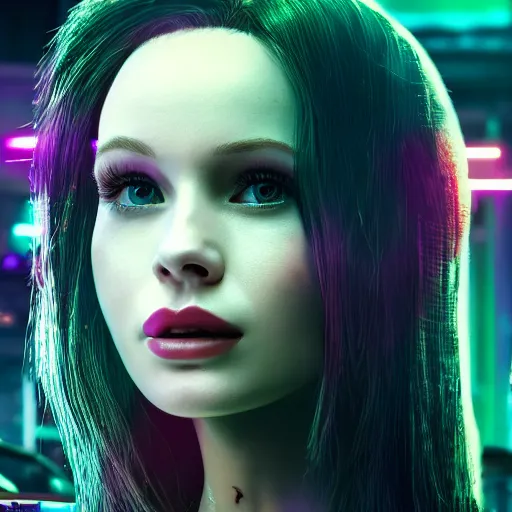 Image similar to madelaine petsch portrait, cyberpunk 2 0 7 7, cyberpunk judy alvarez, photorealistic, ultra detailed, neon, octane, bokeh, cinematic lighting, cyber, cyberpunk city, studio quality, feature, scars, cyberface, 8 k