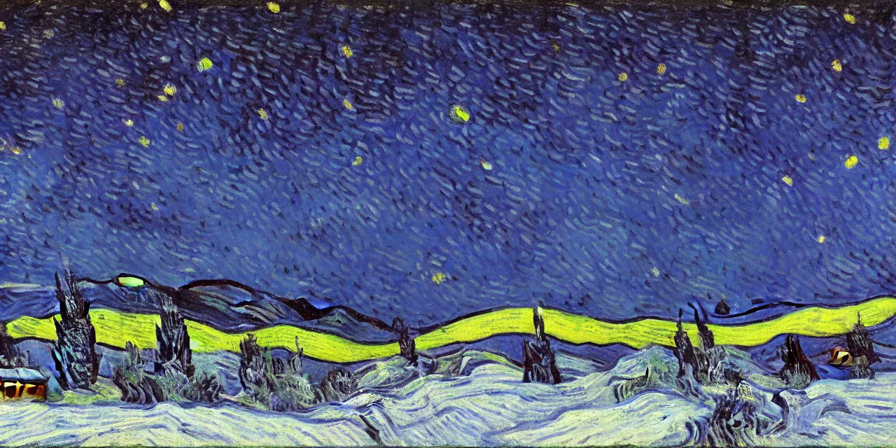 Prompt: painting of the laurentian appalachian mountains in winter by vincent van gogh, unique, original and creative landscape, snowy night, distant town lights, aurora borealis, deers and ravens, footsteps in the snow, brilliant composition