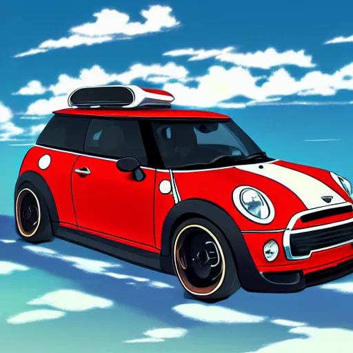 Image similar to anime art vehicle concept art, anime key visual of mini cooper s, at sunset at a beach, trending on pixiv fanbox, studio ghibli, extremely high quality artwork