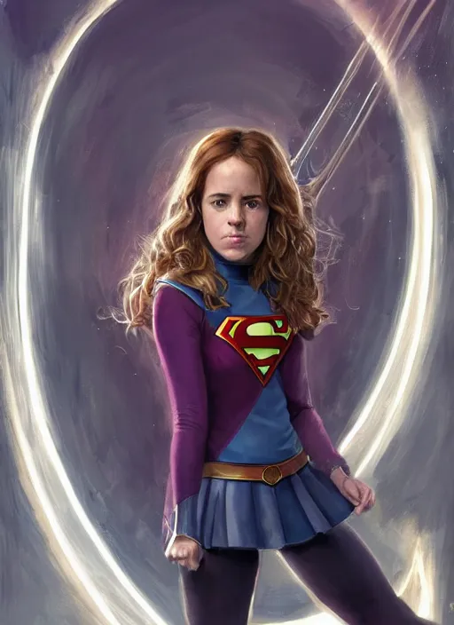 Image similar to Hermione Granger as Super Girl, taking a rest in futuristic bedroom, a ruggedly muscled handsome heroine, intricate, elegant, highly detailed, centered, digital painting, artstation, concept art, smooth, sharp focus, illustration, artgerm, donato giancola, Joseph Christian Leyendecker, WLOP, Artgerm, thunder storm