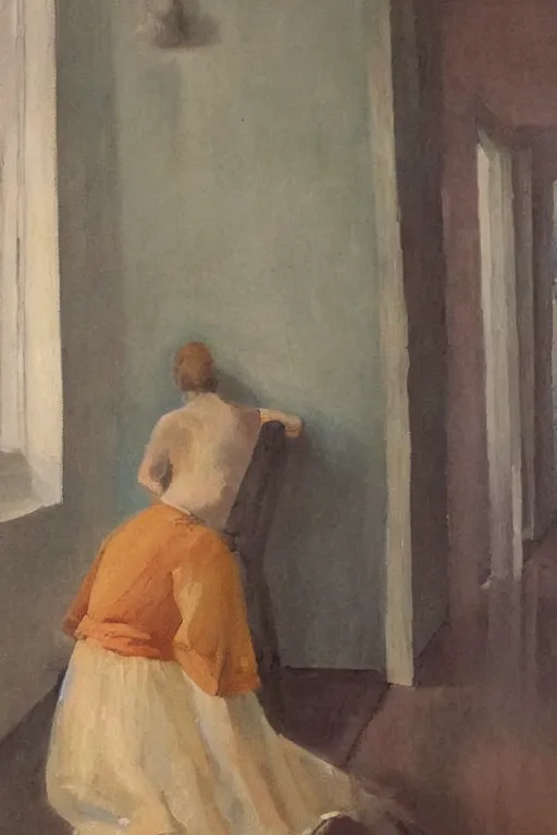 Image similar to oil painting, long view, hight detailed, woman sits in corner of empty room and look in the corner, back view, in style of neodada