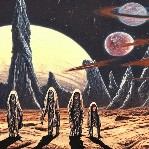 Prompt: robed extraterrestrial cultists on mars, massive alien temple in background, mike mignogna, highly detailed, oil painting, comic book cover, dark, rich colors, vintage sci fi, 1 9 8 0 s, 1 9 7 0 s, retrofuture, trending on artstation