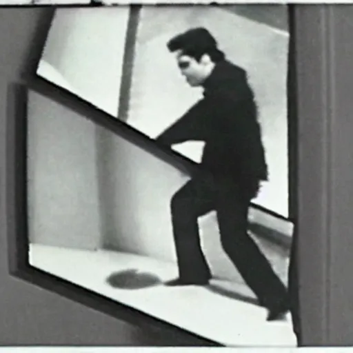 Image similar to cctv of elvis presley stealing bananas