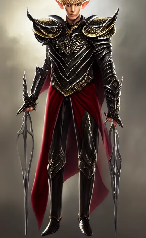 Image similar to A medium shot portrait of a male elf, he is about 20 years old, attractive, lean but muscular, serious composure, short silver hair, prideful look, he is wearing black heavy armor with gold plating and a red cape, highly detailed portrait, digital painting, ArtStation, concept art, smooth, sharp focus illustration, ArtStation HQ