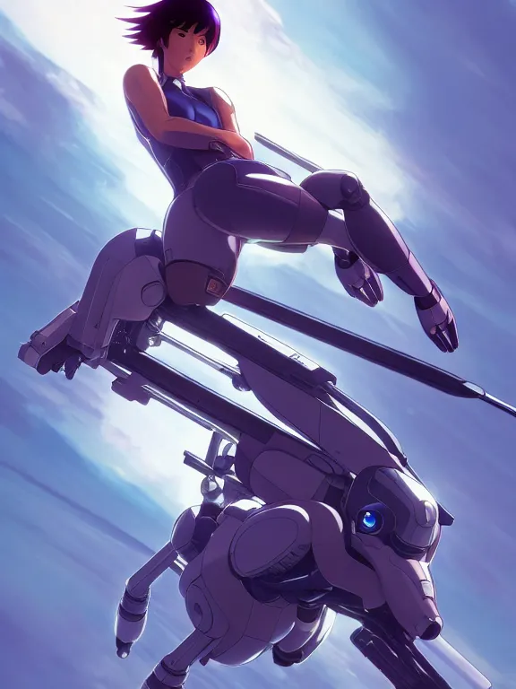 Image similar to a fullbody action still of motoko kusanagi riding on top of a tachikoma, the major ghost in the shell : : stand alone complex, under repairs, maintenance : : by ilya kuvshinov, rossdraws, artgerm, sola digital arts, anti aliasing, raytracing : :