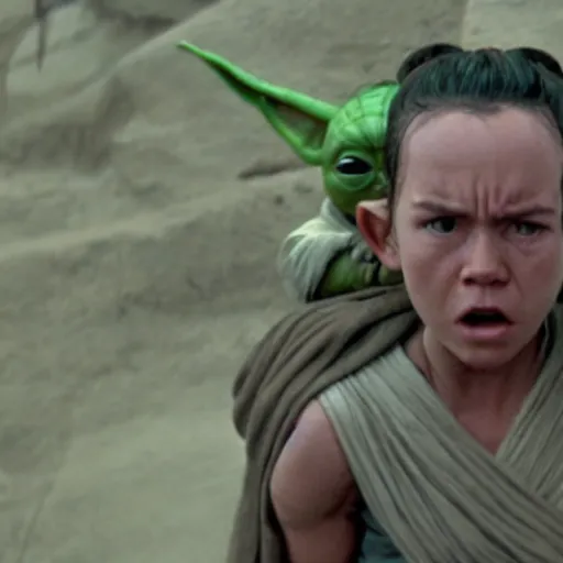 Image similar to a film still of rey skywalker when she finds out baby yoda died in star wars realistic, detailed