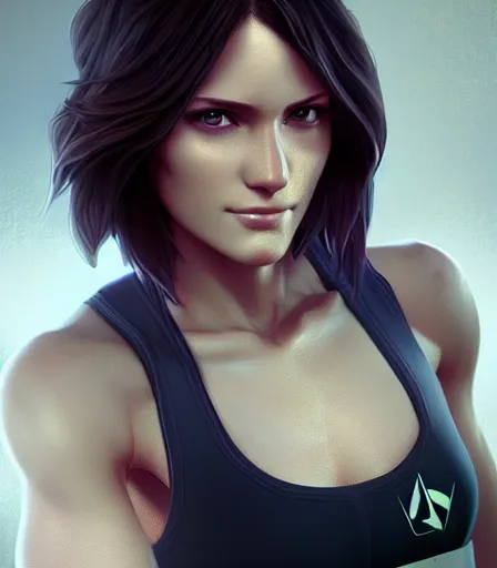 Image similar to beautiful portrait of a gorgeous personal trainer who looks like Miranda Lawson , character design by charlie bowater, ross tran, artgerm, and makoto shinkai, detailed, soft lighting, rendered in octane