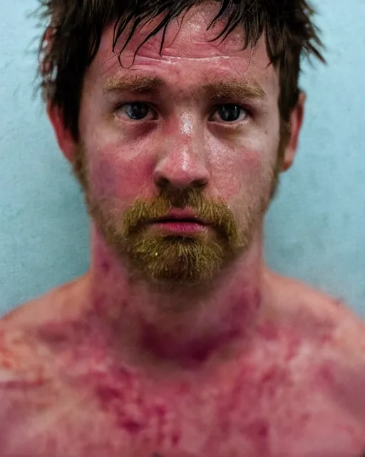 Prompt: prison mugshot of real - life patrick, bright flash, shirtless, saturated pink skin, starfish, low saturation, somber expression, filthy hair, rugged textured face, soft vignette, soft focus, 5 0 mm, 4 k, nypd