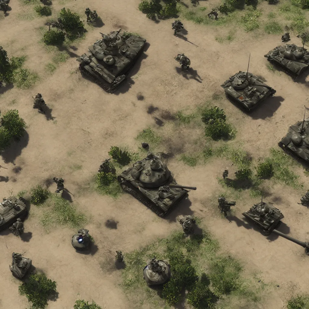 Prompt: war, battlefield, tanks, infantry, top - down view, detailed, cinematic, unreal engine