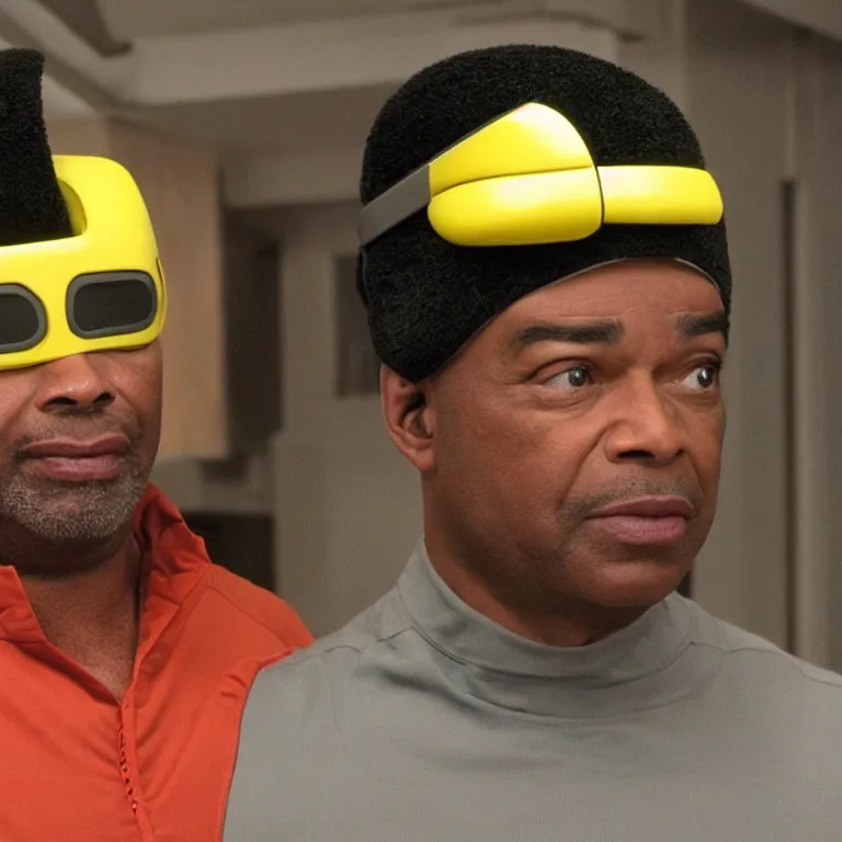 Image similar to geordi laforge wearing visor and high tech ear muffs on his head and kinda looks like lobot