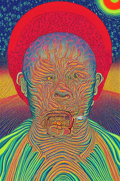 Image similar to man eats a tab of LSD acid on his tongue and dreams psychedelic hallucinations, screenprint by kawase hasui, alex grey and dan hillier, colorful flat design, hd, 8k