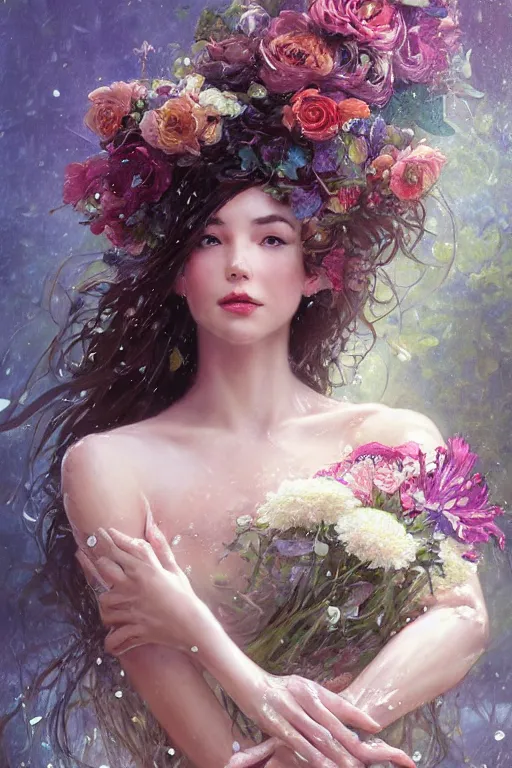 Prompt: portrait of a beautiful mysterious woman holding a bouquet of flowing flowers, drenched body, wet dripping long hair, hands hidden under the bouquet, emerging from the water, fantasy, regal, intricate, by stanley artgerm lau, greg rutkowski, thomas kindkade, alphonse mucha, loish, norman rockwell