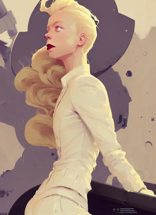 Image similar to highly detailed closeup portrait of beautiful portia doubleday, blonde wavy hair, angela moss, white suit by atey ghailan, by greg rutkowski, by greg tocchini, by james gilleard, by joe fenton, by kaethe butcher, gradient yellow, black and white color scheme, grunge aesthetic!!! ( ( graffiti tag wall background ) )