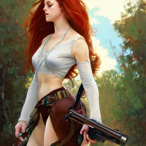 Image similar to a redhead cowgirl holding a revolver, full-body shot, digital painting, smooth, elegant, hd, art by WLOP and Artgerm and Greg Rutkowski and Alphonse Mucha