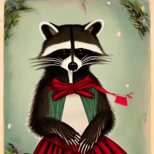 Image similar to a portrait photo of a beautiful racoon wearing a dress, hanging party decorations