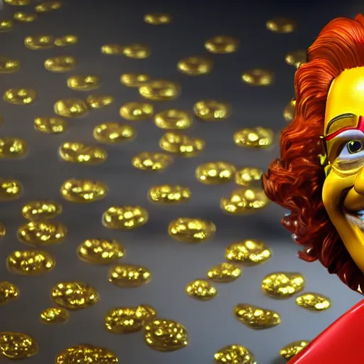 Image similar to A still of Ronald McDonald surrounded by gold and diamonds, Award-winning, photograph, 3d render, unreal engine, 4k detailed