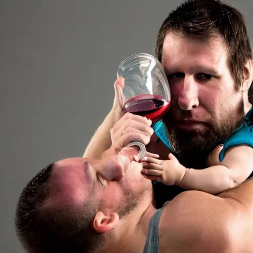 Image similar to ESPN photo of Tall male Wrestler with stubble drinking a bottle of wine, while holding a small child in a choke hold