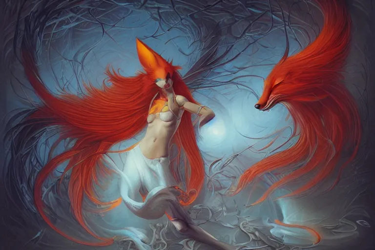 Image similar to prompt A beautiful red orange kumiho, nine fox tails, Peter Mohrbacher