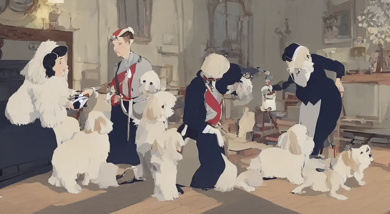 Prompt: queen of england placing the victoria cross around the neck of a cream - colored havanese dog, england, 1 9 0 0, tartakovsky, atey ghailan, goro fujita, studio ghibli, rim light, happy, warm lighting, clear focus, very coherent