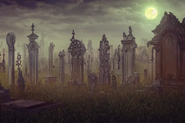 Image similar to an ultra detailed animation of a graveyard at midnight on halloween, digital art, dark fantasy, concept art, soulslike, by alphonse mucha, blood moon eclipse, ruined building in the background, artstation, 8 k, unreal engine render