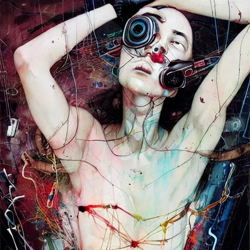 Image similar to young woman cyberpunk having her dreams stolen, wires cybernetic implants, in the style of adrian ghenie, esao andrews, jenny saville,, surrealism, dark art by james jean, takato yamamoto