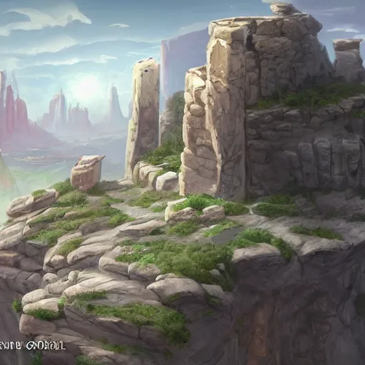 Image similar to concept art by tyler edlin of a small, white marble cliff in a meditereanian landscape, with stone henge on top