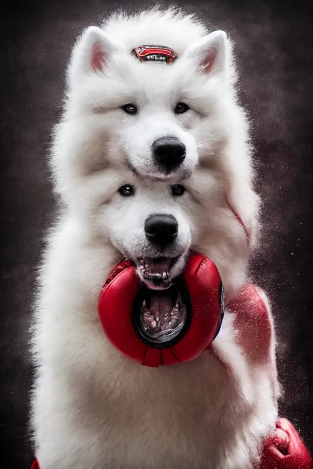 Prompt: samoyed dog head on a human body as a muay thai kickboxer, world championship fight, photorealistic, cinematic lighting, film still