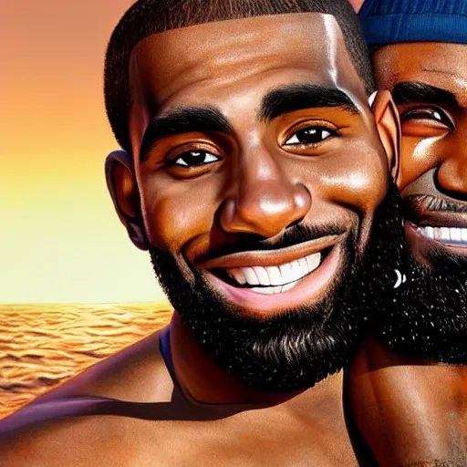 Image similar to beautiful serene intricate portrait of kyrie irving and lebron james taking a selfie, smiling softly, relaxing on the beach, golden hour, soft focus, 8 k, art by irakli nadar, hyperrealism, hyperdetailed, ultra realistic