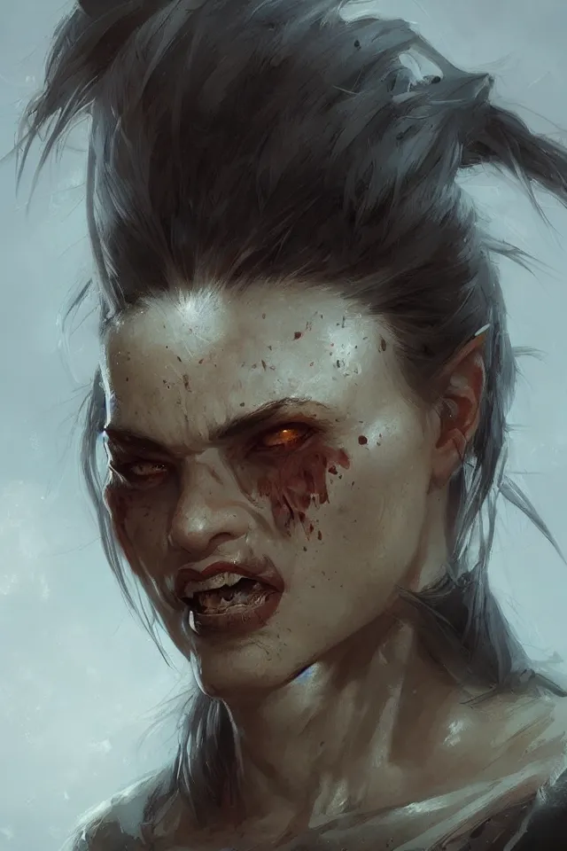 Image similar to of orc female portrait by greg rutkowski, trending on artstation