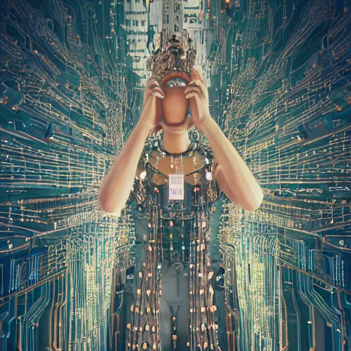 Prompt: subtle background, piles of modular synth cables, goddess reaching out hand wearing a headpiece made of circuit boards in a photo shoot for balenziaga, wlop, stanley kubrick, masamune, hideki anno, unique perspective, eastman color, perfect details, trending on artstation, 3 d render, smooth render