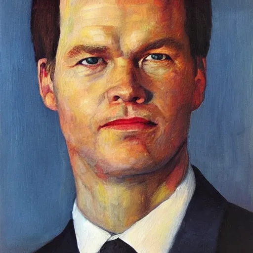 Prompt: “a detailed portrait of Mark Rutte, oil painting by Petrov-Vodkin”