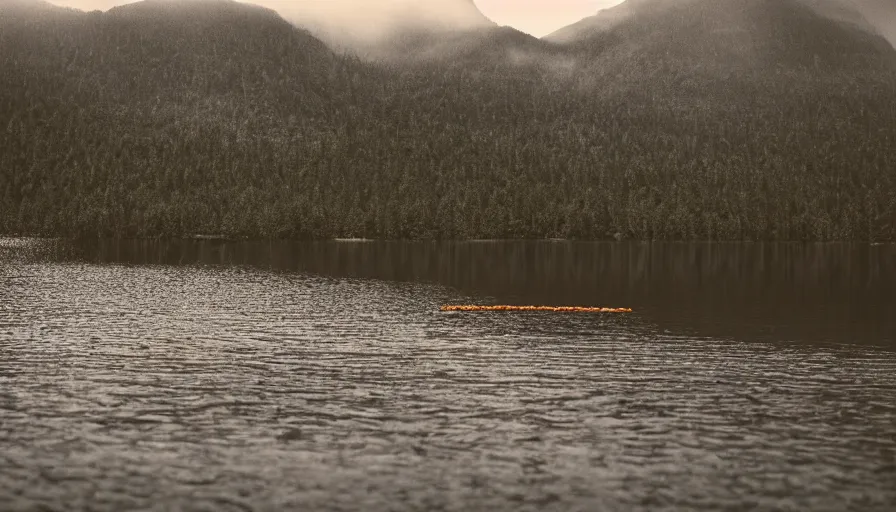 Image similar to rope floating to surface of water in the middle of the lake, overcast lake, rocky foreground, 2 4 mm leica anamorphic lens, moody scene, stunning composition, hyper detailed, color kodak film stock