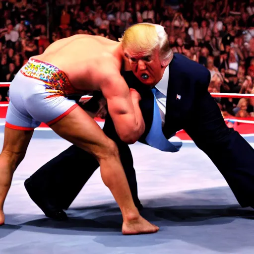 Prompt: donald trump wrestling vladimir putin, wrestling ring, vivid, colorful