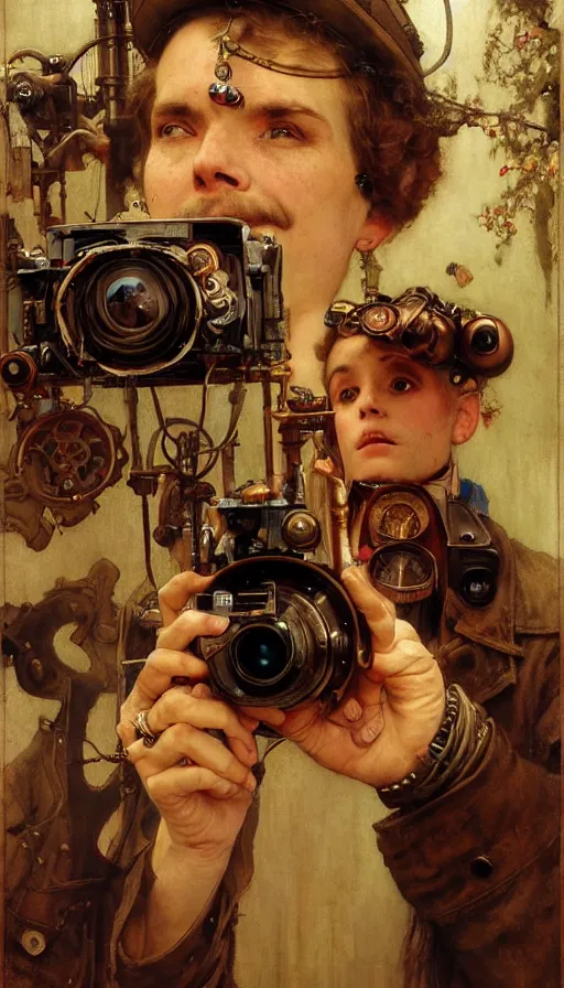 Image similar to hyper realistic photographer looking through camera towards viewer, magical, steampunk, painted by james gurney, norman rockwell, tom bagshaw, mucha, gaston bussiere, craig mullins, j. c. leyendecker 8 k