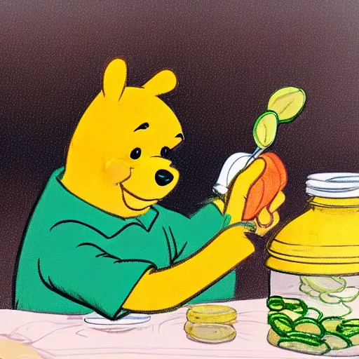 Image similar to winnie the pooh, opening a jar of pickles, realistic art style