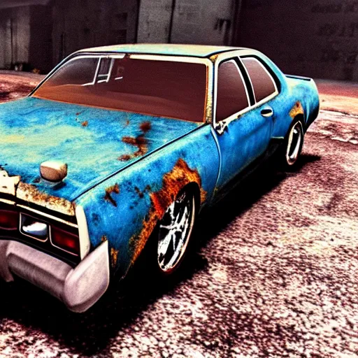 Image similar to A screenshot of a rusty, worn out, broken down, decrepit, run down, dingy, faded chipped paint, tattered, beater 1976 Denim Blue Dodge Aspen in Gran Turismo for the PS1