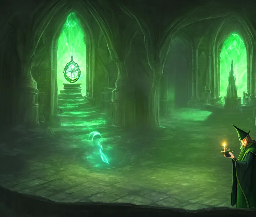 Image similar to a concept art of a wizard in his castle discovering a magic scroll that gives eternal life, atmospheric magic dark scene with green fires in the lights, a big door in the background