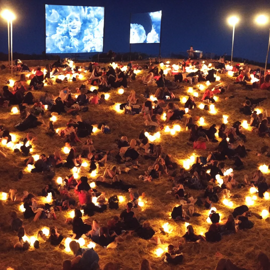 Prompt: outdoor cinema with giant popcorn kernels at night