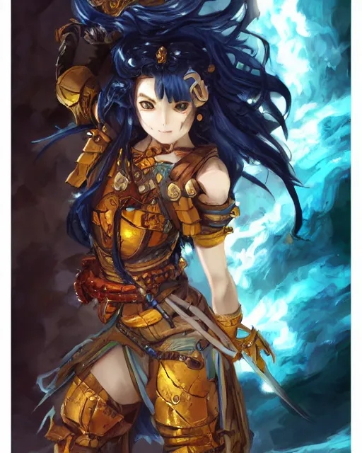 Image similar to An anime portrait of a beautiful D&D half-orc female with long wavy dark blue hair, bright orange eyes, intricate full body armour, fantasy soldier, by Stanley Artgerm Lau, WLOP, Rossdraws, James Jean, Andrei Riabovitchev, Marc Simonetti, and Sakimichan, highly detailed, ultra detailed, golden hour, trending on artstation, cgstudio