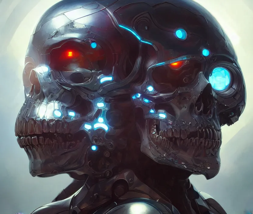 Image similar to Cyborg skull front view, sci-fi, highly detailed, digital painting, artstation, concept art, smooth, sharp focus, illustration, art by artgerm and greg rutkowski and alphonse mucha