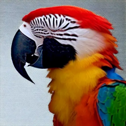 Image similar to parrot with human hair instead of feathers